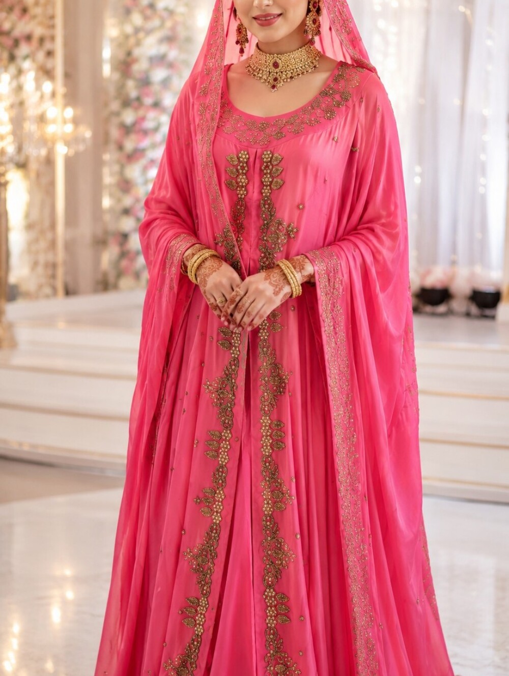 Elegant Pink Gold Embroidered Bridal Abaya Kaftan Maxi Dress Boutique (Size 56)
